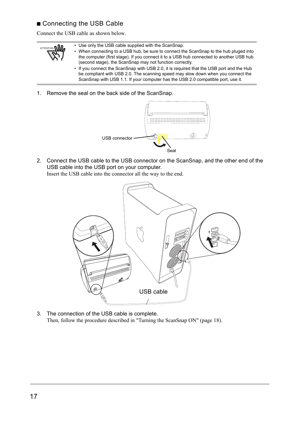 Connecting the usb cable, Usb cable | FUJITSU SCANSNAP S510M User Manual | Page 18 / 35