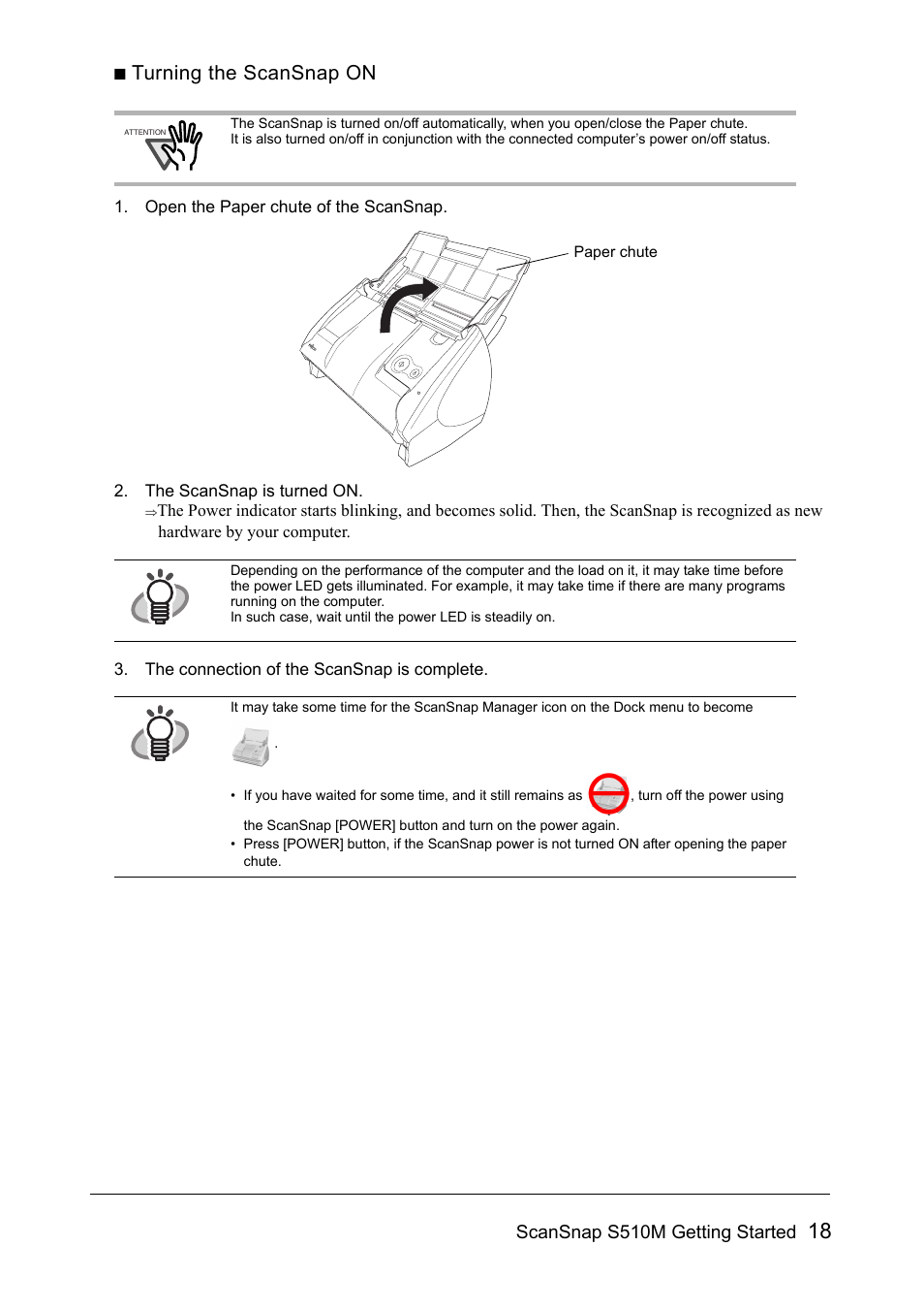 Turning the scansnap on, Scansnap s510m getting started | FUJITSU SCANSNAP S510M User Manual | Page 19 / 35