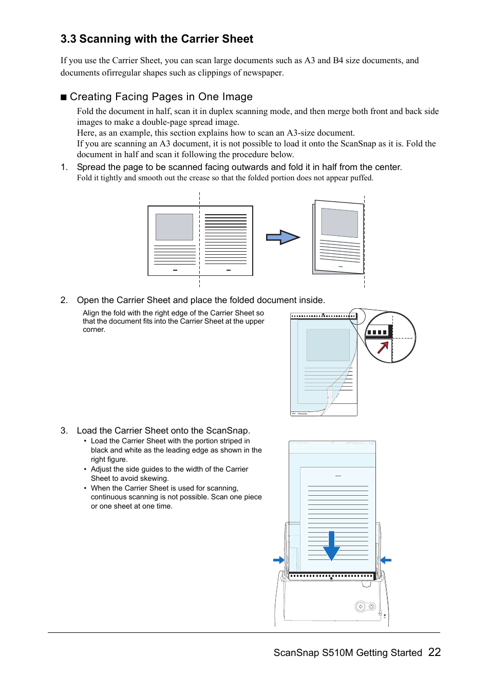 3 scanning with the carrier sheet, 22 3.3 scanning with the carrier sheet, Creating facing pages in one image | Scansnap s510m getting started | FUJITSU SCANSNAP S510M User Manual | Page 23 / 35