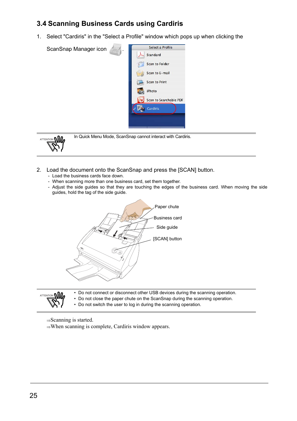 4 scanning business cards using cardiris, 25 3.4 scanning business cards using cardiris | FUJITSU SCANSNAP S510M User Manual | Page 26 / 35