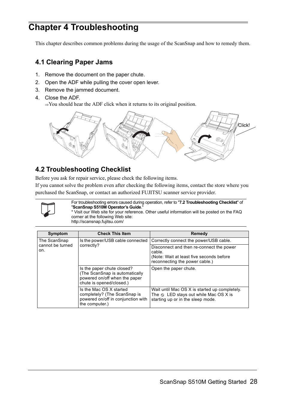 Chapter 4 troubleshooting, 1 clearing paper jams, 2 troubleshooting checklist | Scansnap s510m getting started | FUJITSU SCANSNAP S510M User Manual | Page 29 / 35