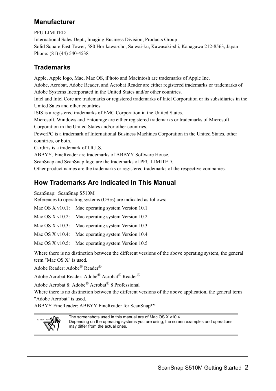 2manufacturer, Trademarks, How trademarks are indicated in this manual | FUJITSU SCANSNAP S510M User Manual | Page 3 / 35
