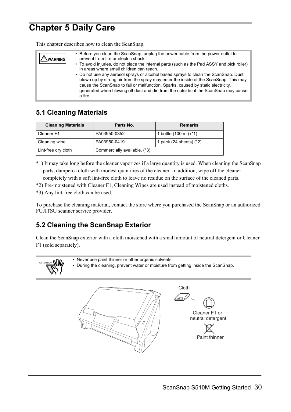 Chapter 5 daily care, 1 cleaning materials, 2 cleaning the scansnap exterior | FUJITSU SCANSNAP S510M User Manual | Page 31 / 35