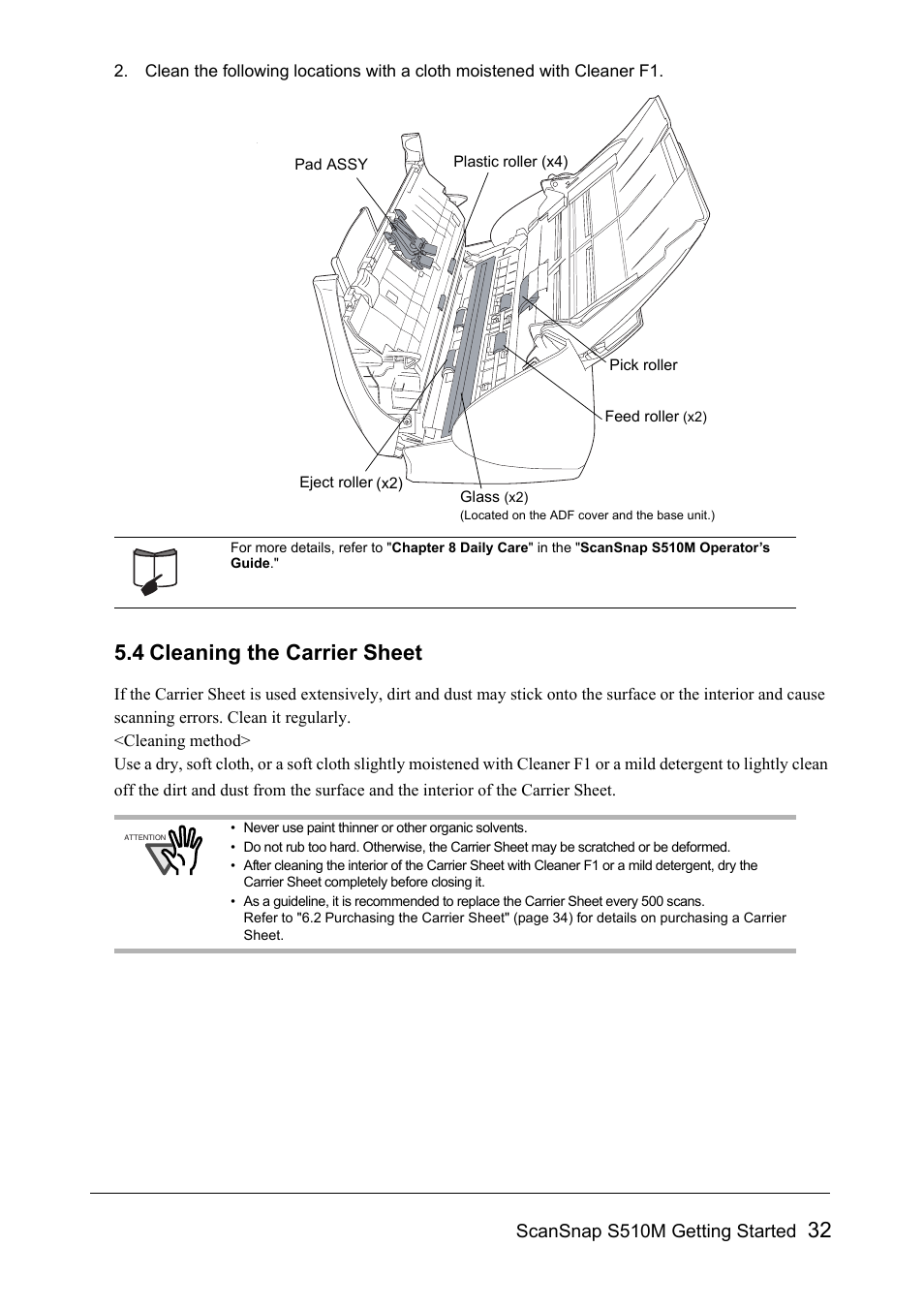 4 cleaning the carrier sheet, Scansnap s510m getting started | FUJITSU SCANSNAP S510M User Manual | Page 33 / 35