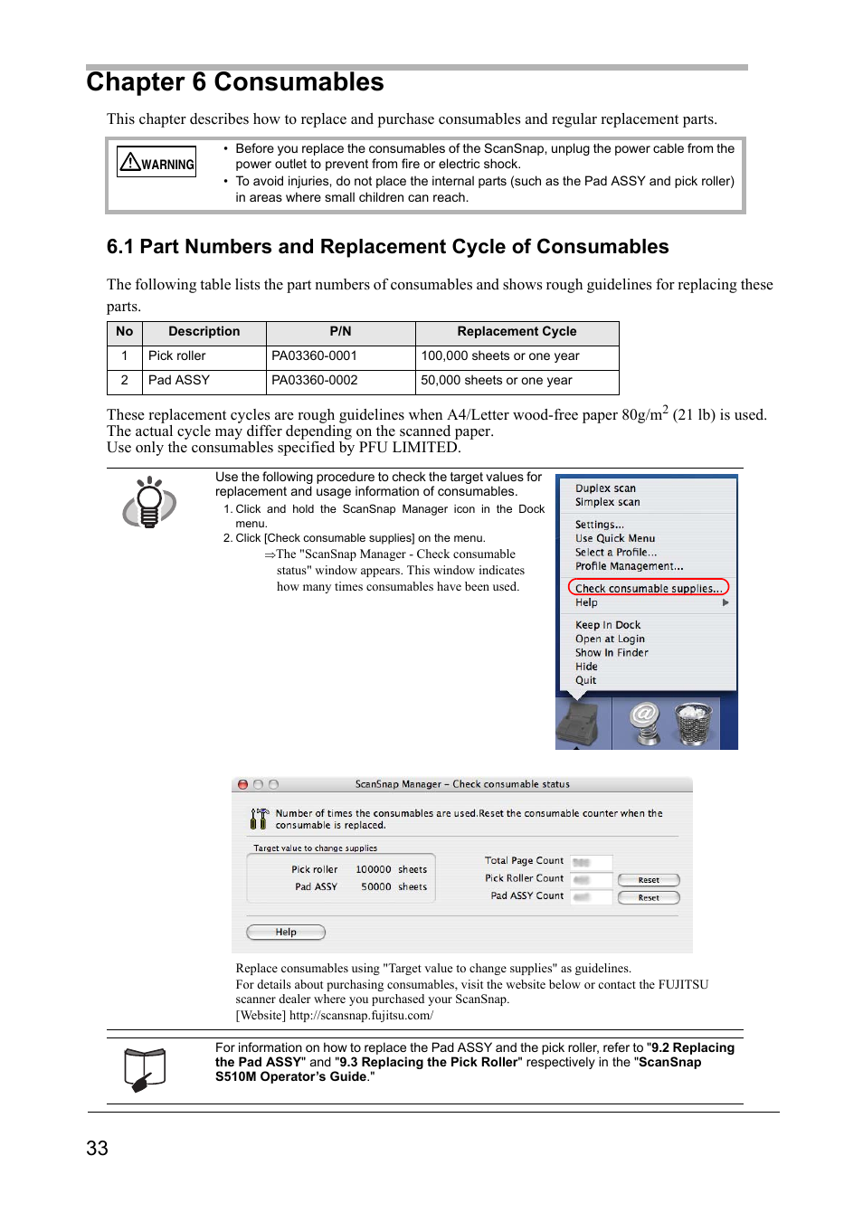 Chapter 6 consumables | FUJITSU SCANSNAP S510M User Manual | Page 34 / 35