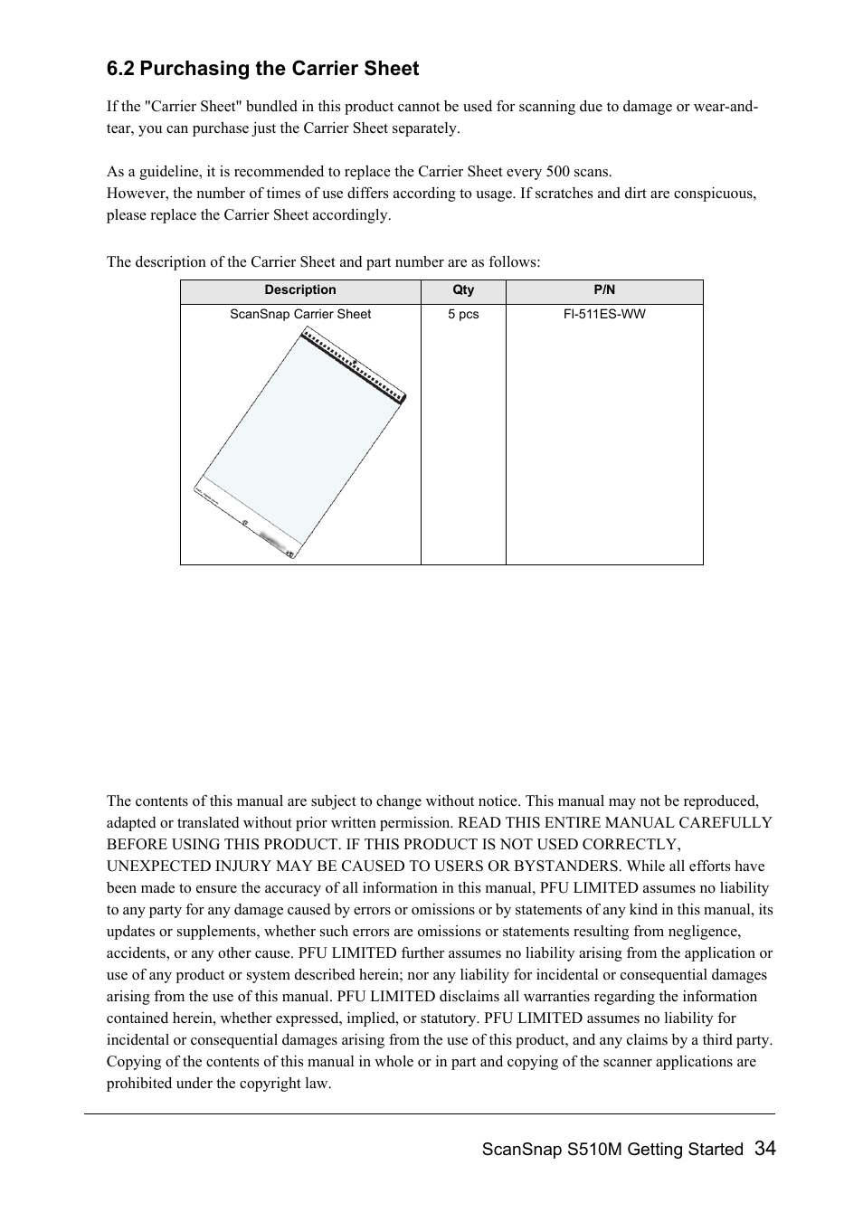 2 purchasing the carrier sheet, 34 6.2 purchasing the carrier sheet | FUJITSU SCANSNAP S510M User Manual | Page 35 / 35