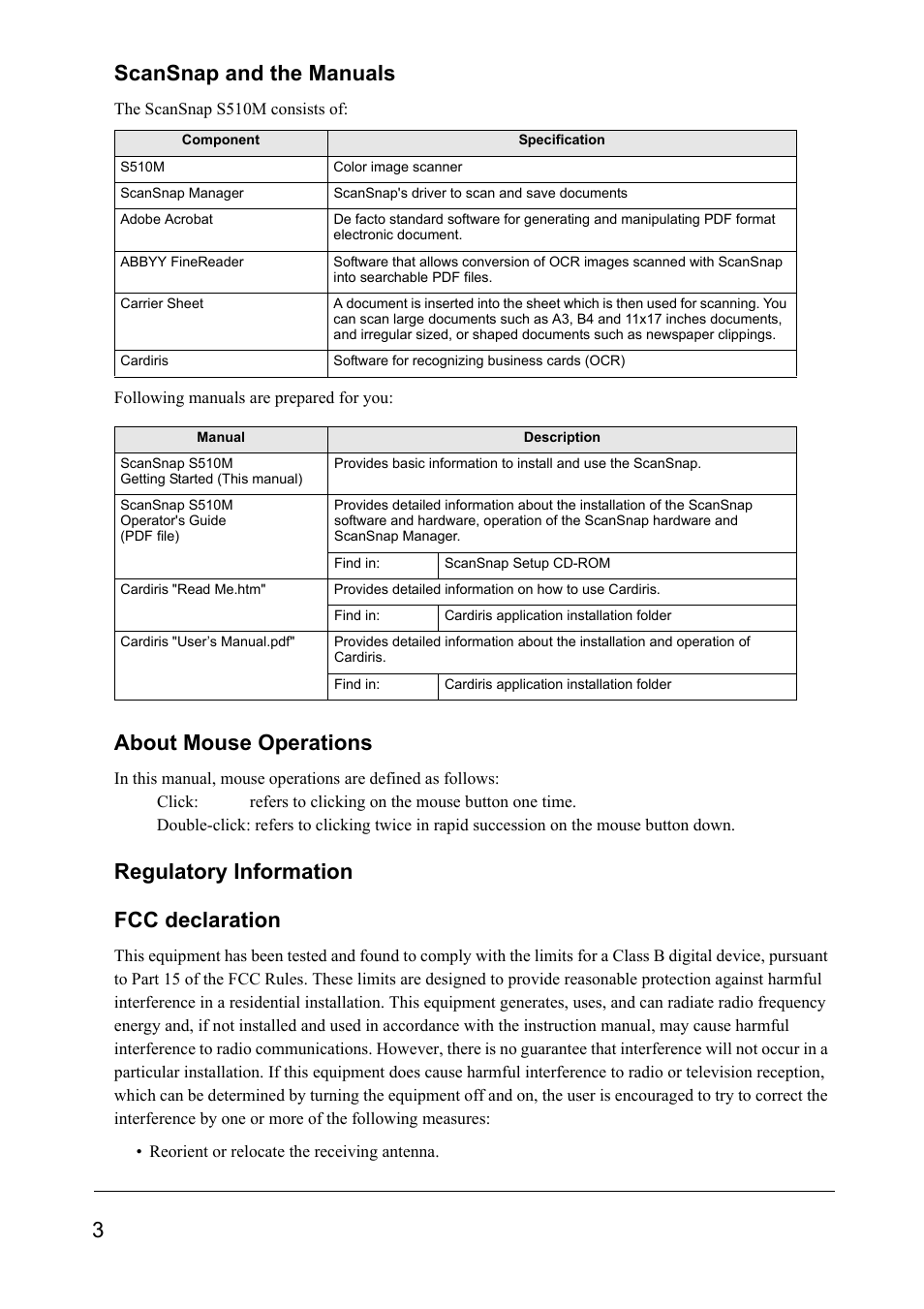 3scansnap and the manuals, About mouse operations, Regulatory information fcc declaration | FUJITSU SCANSNAP S510M User Manual | Page 4 / 35