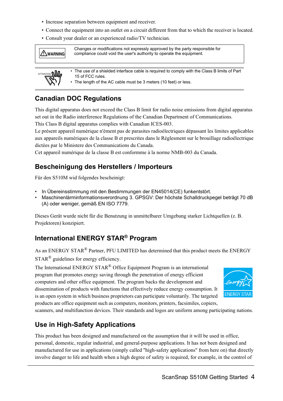 Canadian doc regulations, Bescheinigung des herstellers / importeurs, International energy star | Program, Use in high-safety applications | FUJITSU SCANSNAP S510M User Manual | Page 5 / 35