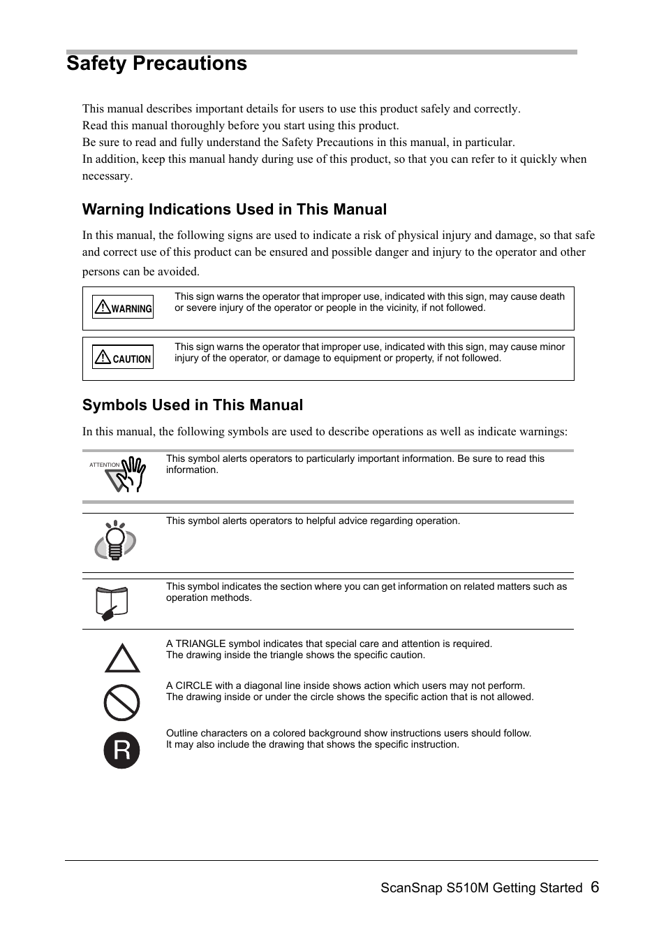 Safety precautions, Warning indications used in this manual, Symbols used in this manual | FUJITSU SCANSNAP S510M User Manual | Page 7 / 35