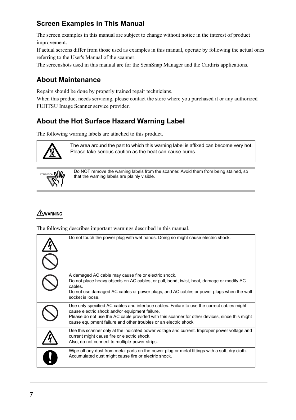 7screen examples in this manual, About maintenance, About the hot surface hazard warning label | FUJITSU SCANSNAP S510M User Manual | Page 8 / 35