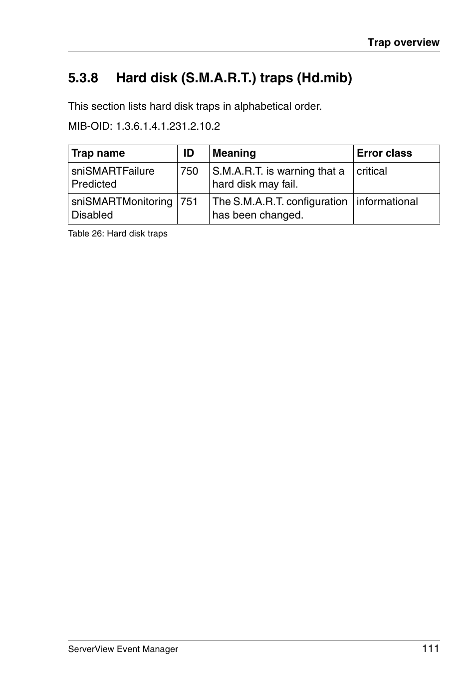 Hard disk (s.m.a.r.t.) traps (hd.mib), 8 hard disk (s.m.a.r.t.) traps (hd.mib) | FUJITSU ServerView V6.00 User Manual | Page 111 / 174