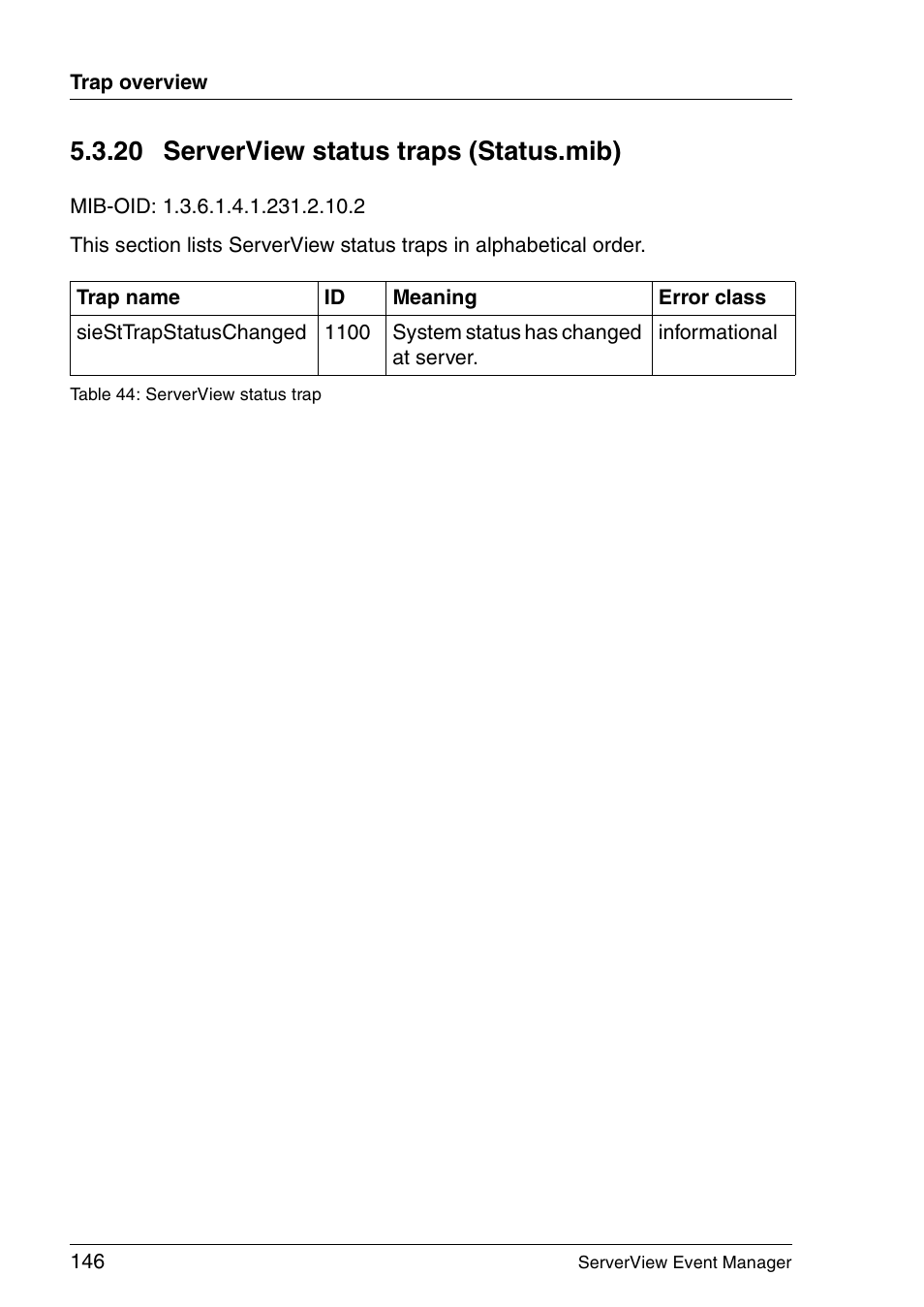 Serverview status traps (status.mib), 20 serverview status traps (status.mib) | FUJITSU ServerView V6.00 User Manual | Page 146 / 174