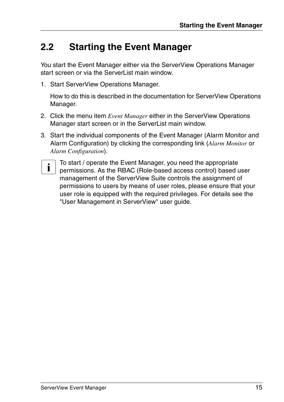 Starting the event manager, 2 starting the event manager | FUJITSU ServerView V6.00 User Manual | Page 15 / 174