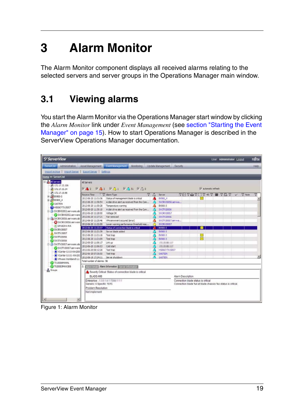 Alarm monitor, Viewing alarms, Chapter "alarm | 3alarm monitor, 1 viewing alarms | FUJITSU ServerView V6.00 User Manual | Page 19 / 174