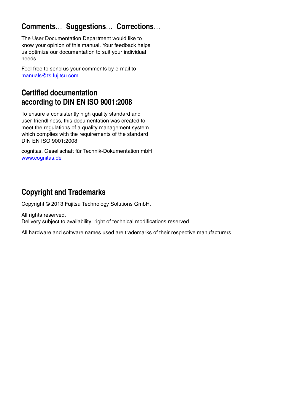 Comments … suggestions … corrections, Copyright and trademarks | FUJITSU ServerView V6.00 User Manual | Page 2 / 174