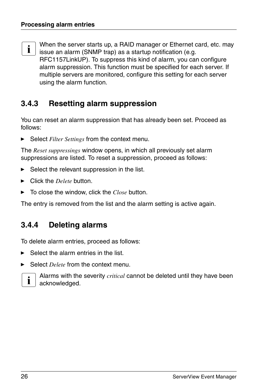 Resetting alarm suppression, Deleting alarms, Section "resetting alarm | 3 resetting alarm suppression, 4 deleting alarms | FUJITSU ServerView V6.00 User Manual | Page 26 / 174