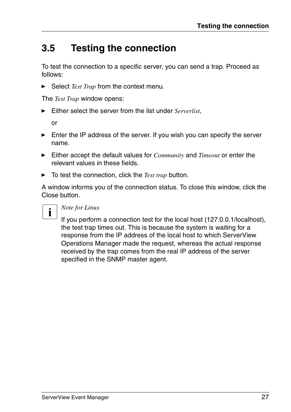 Testing the connection, 5 testing the connection | FUJITSU ServerView V6.00 User Manual | Page 27 / 174