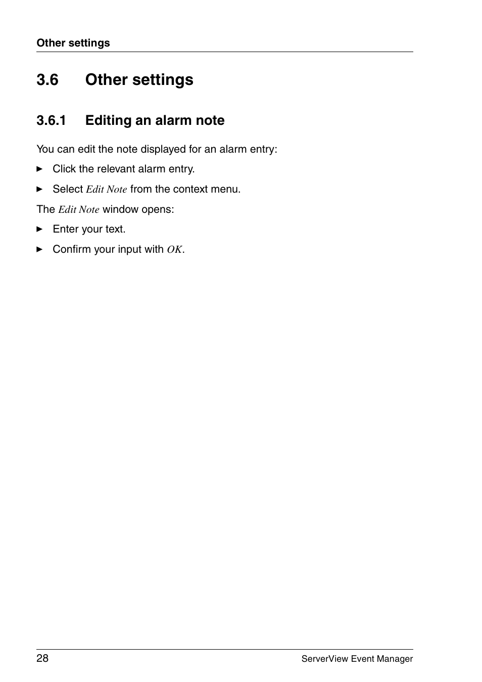 Other settings, Editing an alarm note, 6 other settings | FUJITSU ServerView V6.00 User Manual | Page 28 / 174