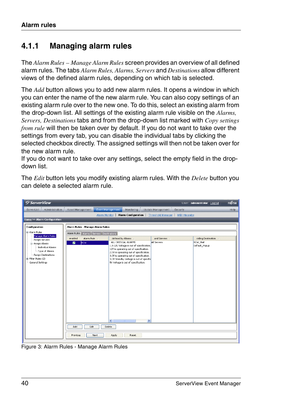 Managing alarm rules, Section "managing alarm, 1 managing alarm rules | FUJITSU ServerView V6.00 User Manual | Page 40 / 174