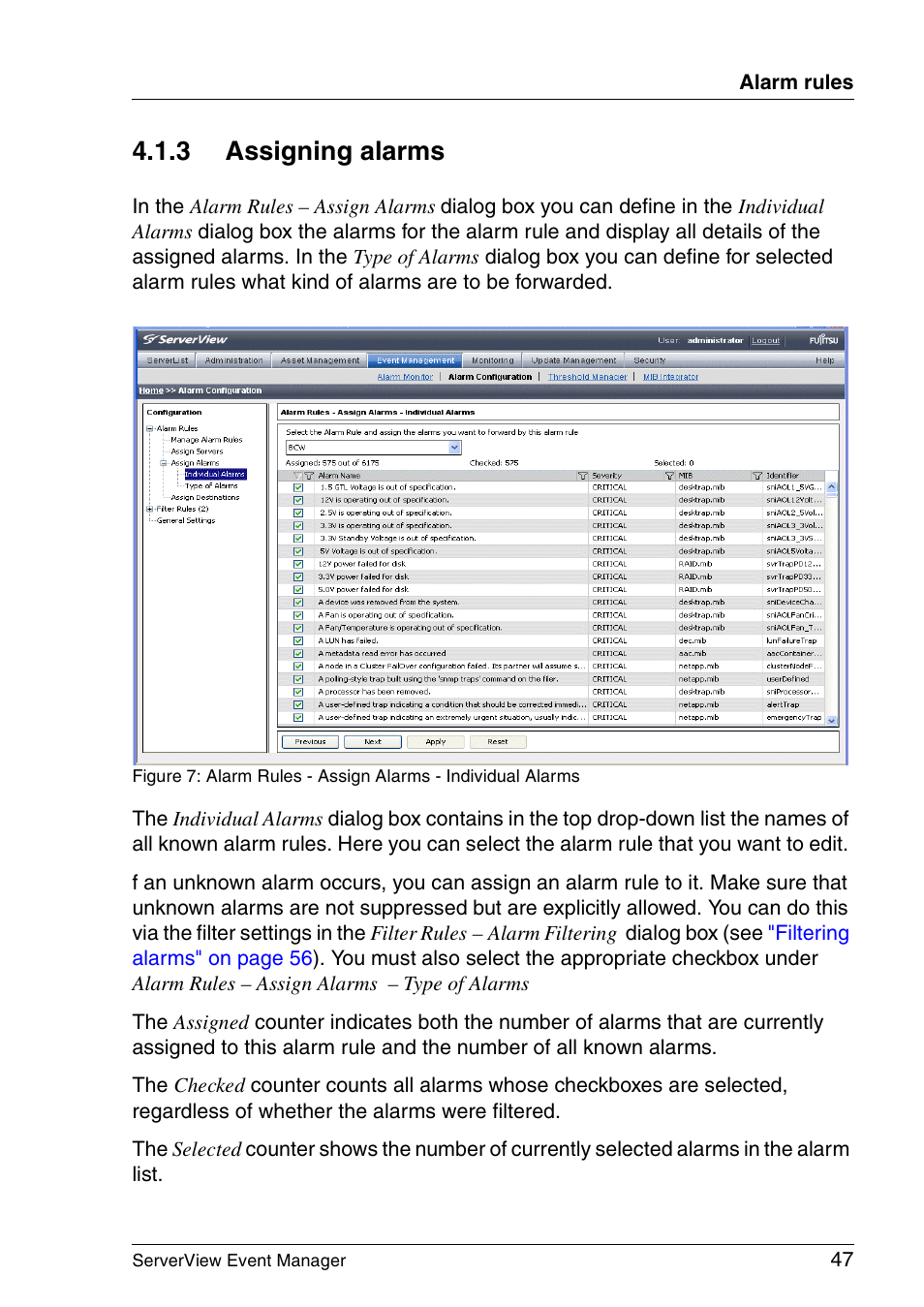 Assigning alarms, Section "assigning, 3 assigning alarms | FUJITSU ServerView V6.00 User Manual | Page 47 / 174