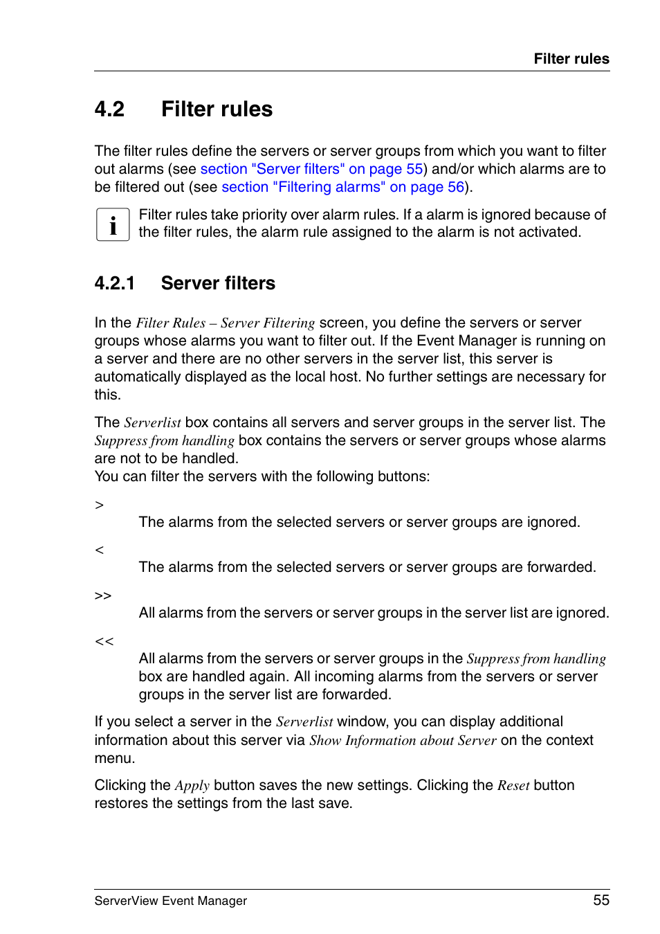Filter rules, Server filters, Section "filter rules" on | 2 filter rules, 1 server filters | FUJITSU ServerView V6.00 User Manual | Page 55 / 174
