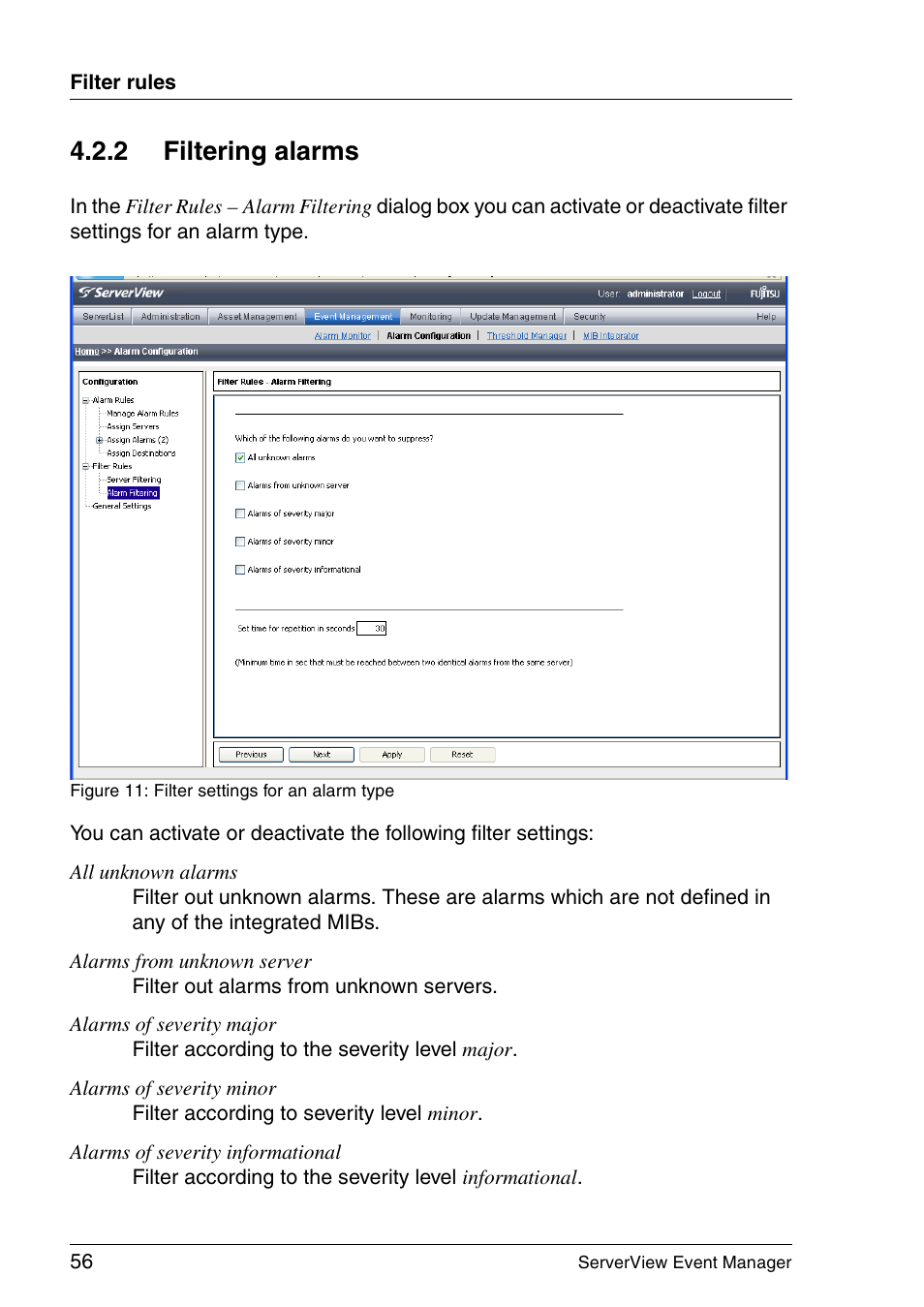 Filtering alarms, 2 filtering alarms | FUJITSU ServerView V6.00 User Manual | Page 56 / 174