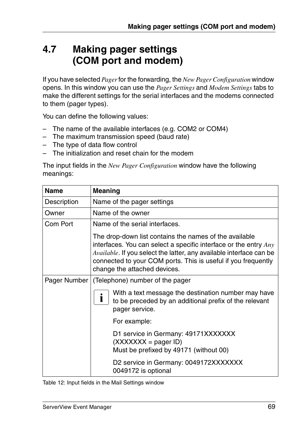 7 making pager settings (com port and modem) | FUJITSU ServerView V6.00 User Manual | Page 69 / 174