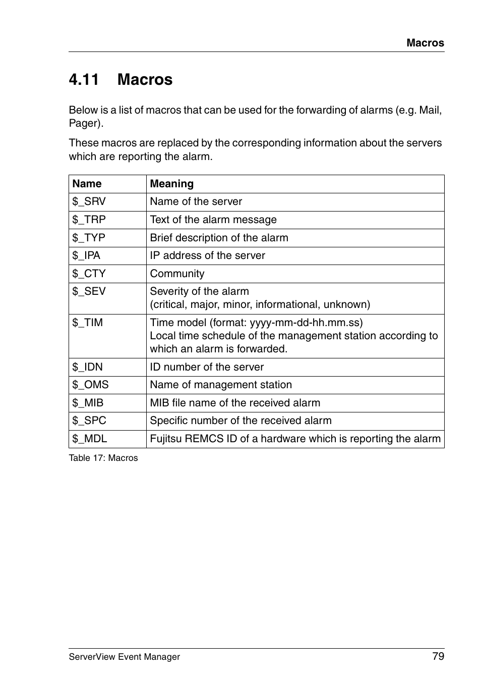 Macros, Section, Section "macros" on | 11 macros | FUJITSU ServerView V6.00 User Manual | Page 79 / 174
