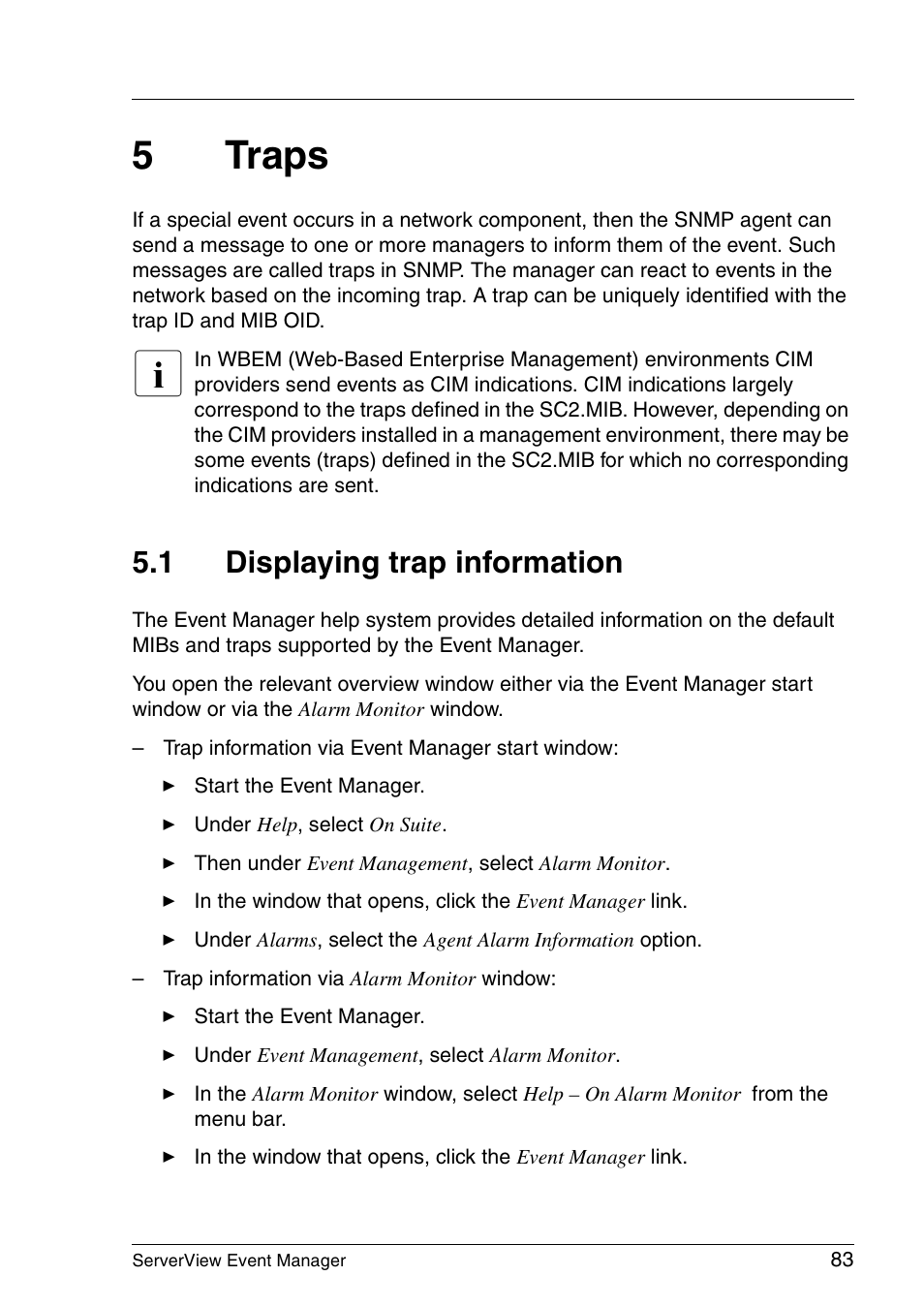 Traps, Displaying trap information, 5traps | 1 displaying trap information | FUJITSU ServerView V6.00 User Manual | Page 83 / 174