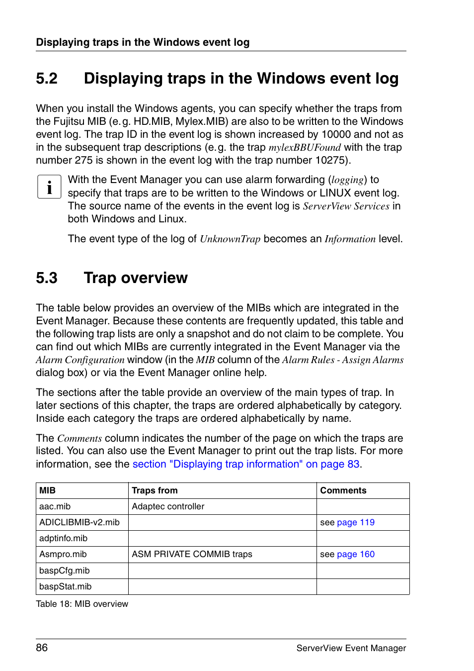 Displaying traps in the windows event log, Trap overview, 2 displaying traps in the windows event log | 3 trap overview | FUJITSU ServerView V6.00 User Manual | Page 86 / 174
