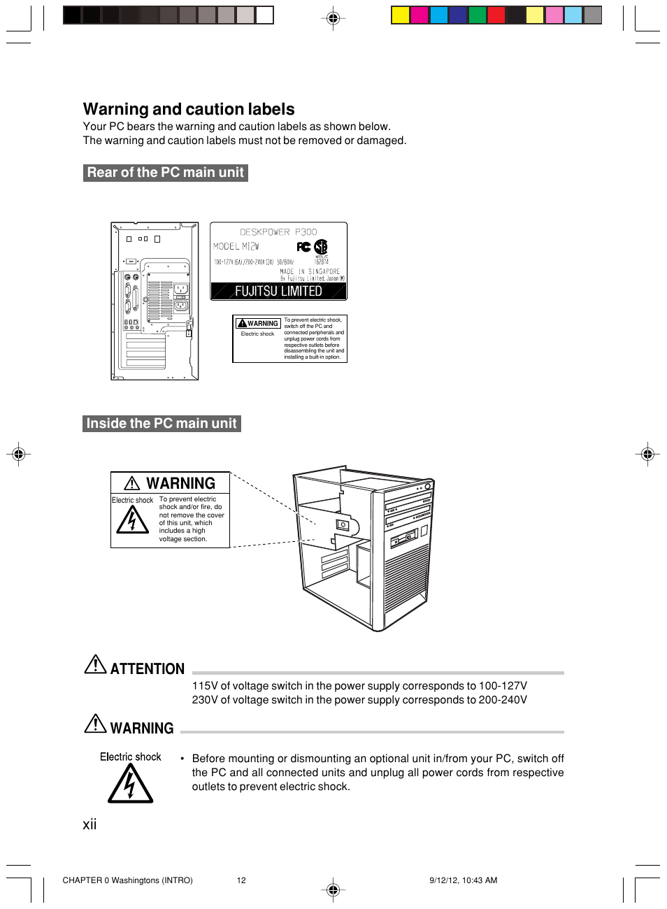 Warning and caution labels, Attention, Warning | Rear of the pc main unit, Inside the pc main unit | FUJITSU P300 User Manual | Page 12 / 56
