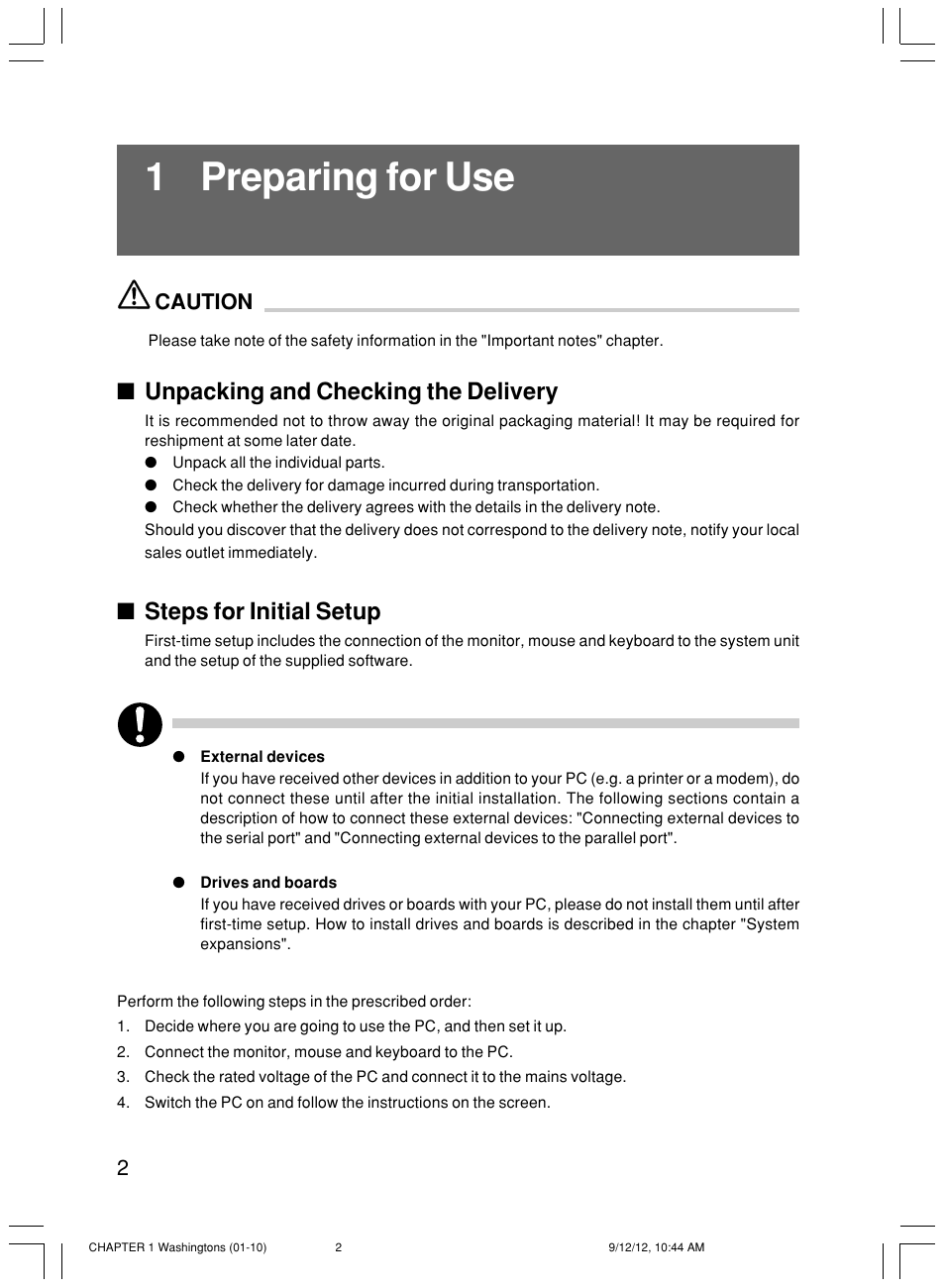 1 preparing for use, Unpacking and checking the delivery, Steps for initial setup | Caution | FUJITSU P300 User Manual | Page 17 / 56
