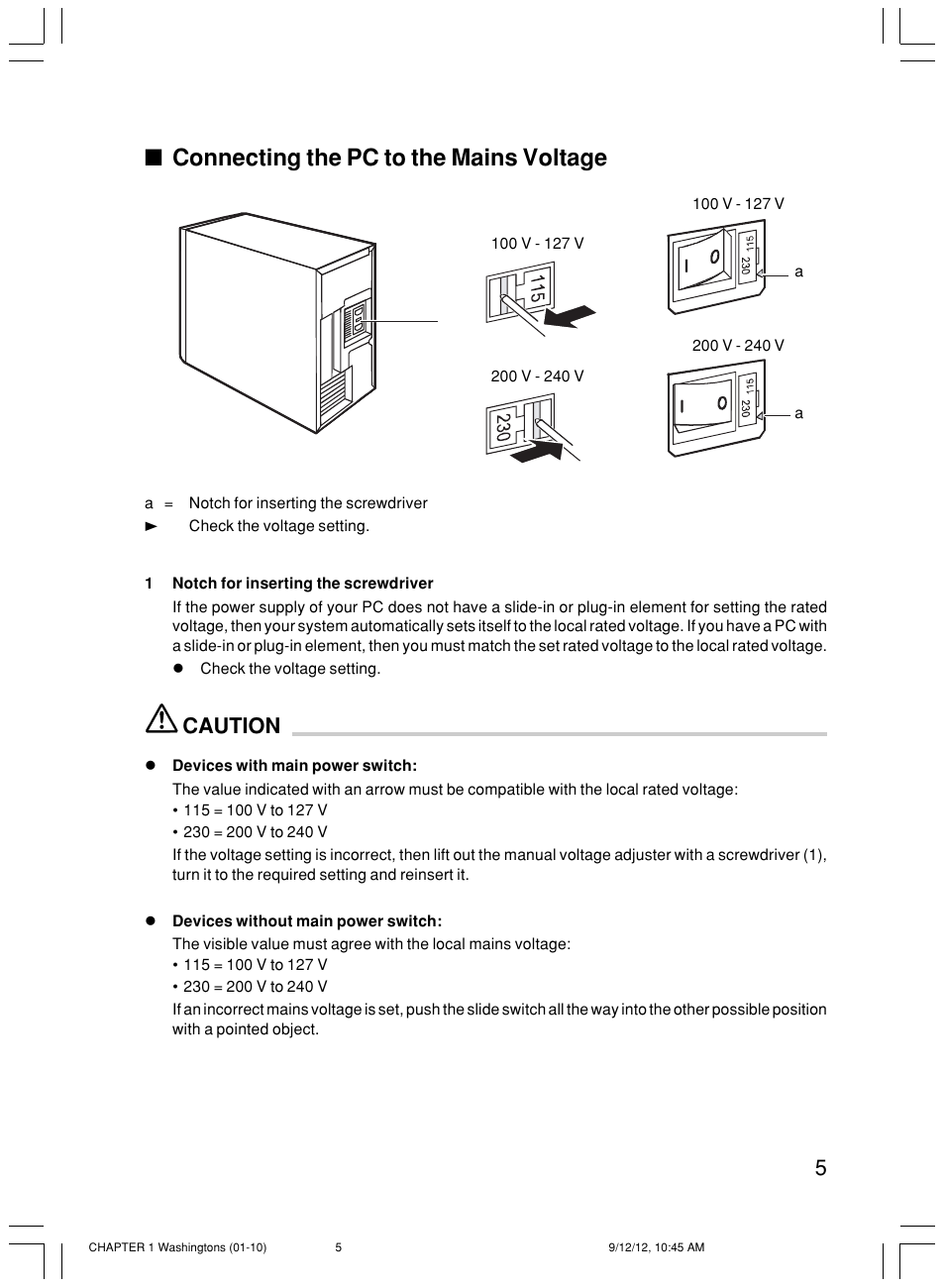 Connecting the pc to the mains voltage, Caution | FUJITSU P300 User Manual | Page 20 / 56