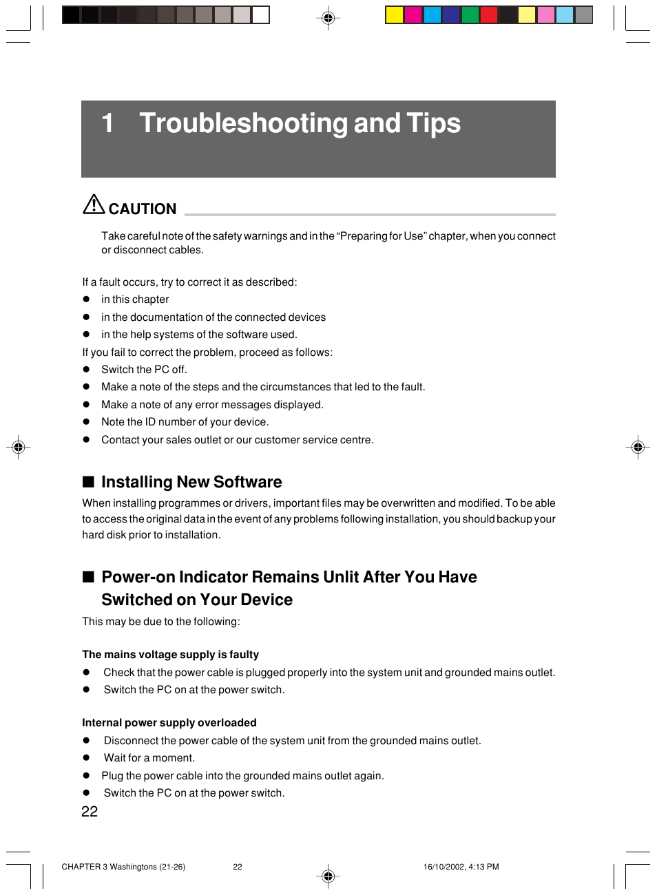1 troubleshooting and tips, Installing new software, Caution | FUJITSU P300 User Manual | Page 36 / 56