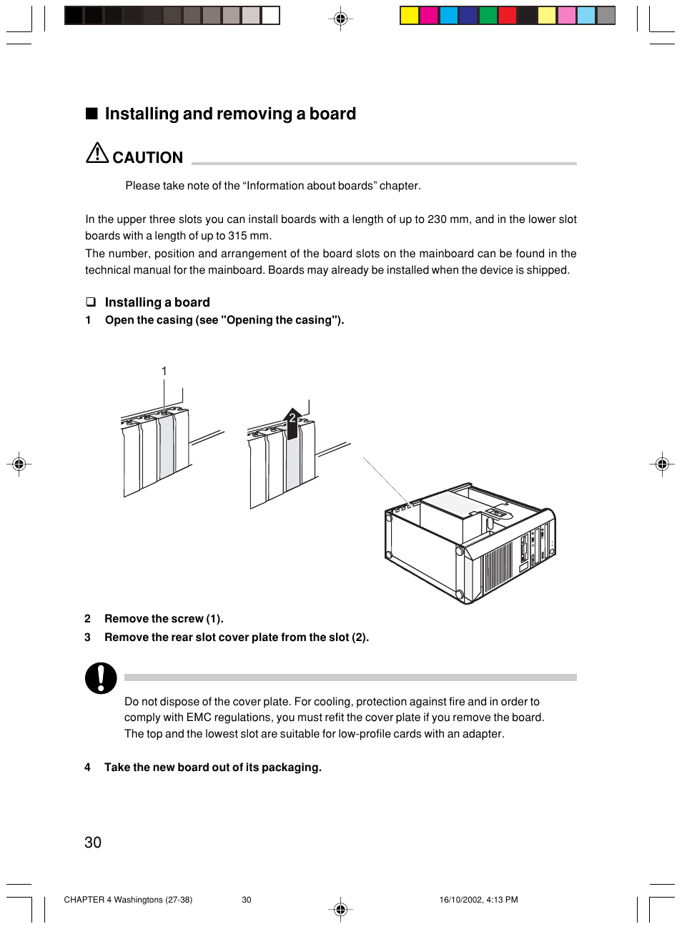 Installing and removing a board, Caution | FUJITSU P300 User Manual | Page 44 / 56