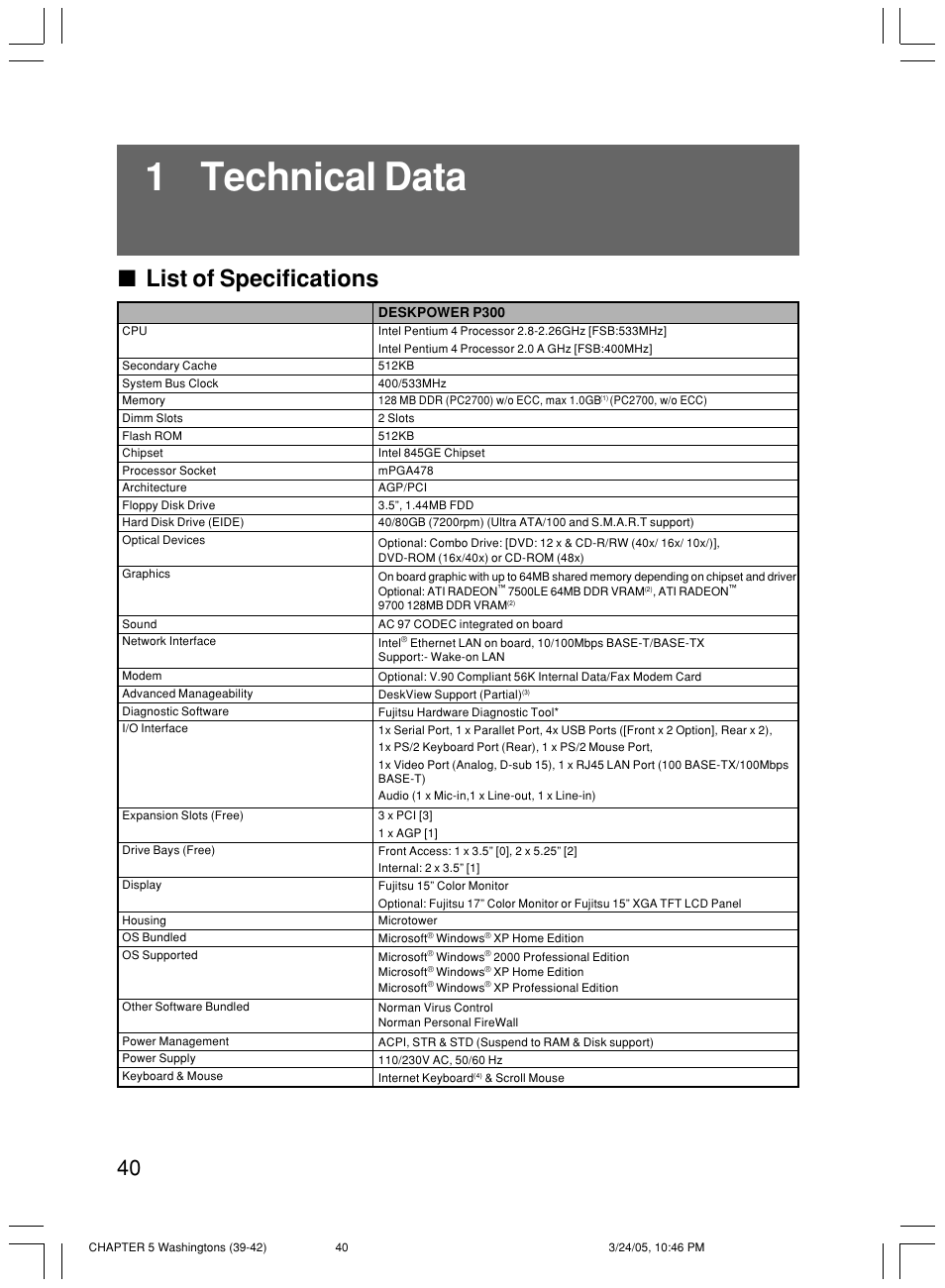 1 technical data, List of specifications | FUJITSU P300 User Manual | Page 54 / 56