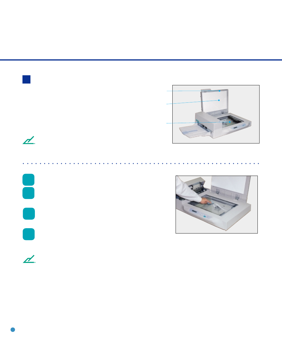 Cleaning the flatbed, Cleaning the flatbed -10, Cleaning the flatbed with a cloth and cleaner f1 | Open the document cover, Apply cleaner f1 to a clean cloth, Wipe the document holding pad and the document bed, Allow them to dry, Document cover document holding pad document bed | FUJITSU M4097D User Manual | Page 30 / 61