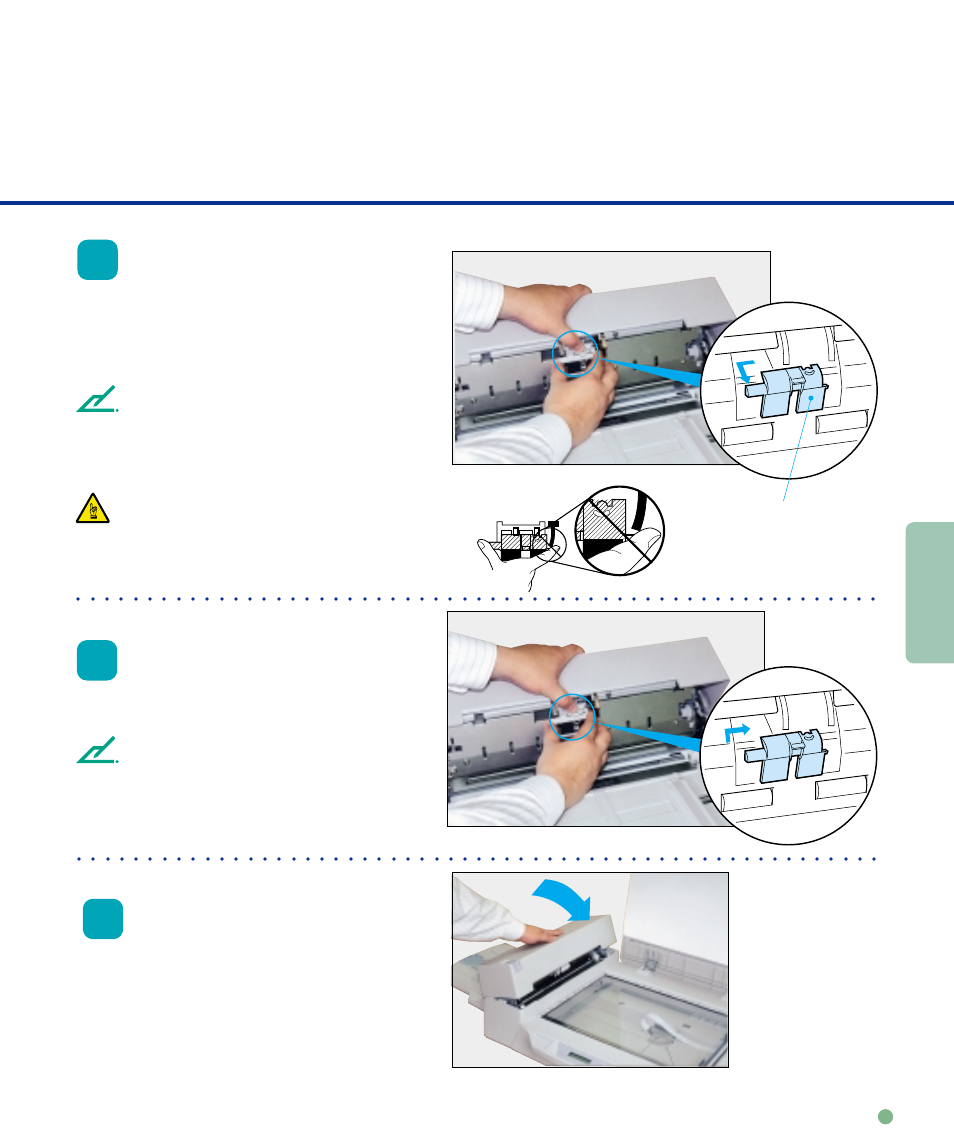 Replacement of parts, Close the adf, Pad assembly | Caution, Don’t hold the sensor arm with the pad assembly | FUJITSU M4097D User Manual | Page 33 / 61