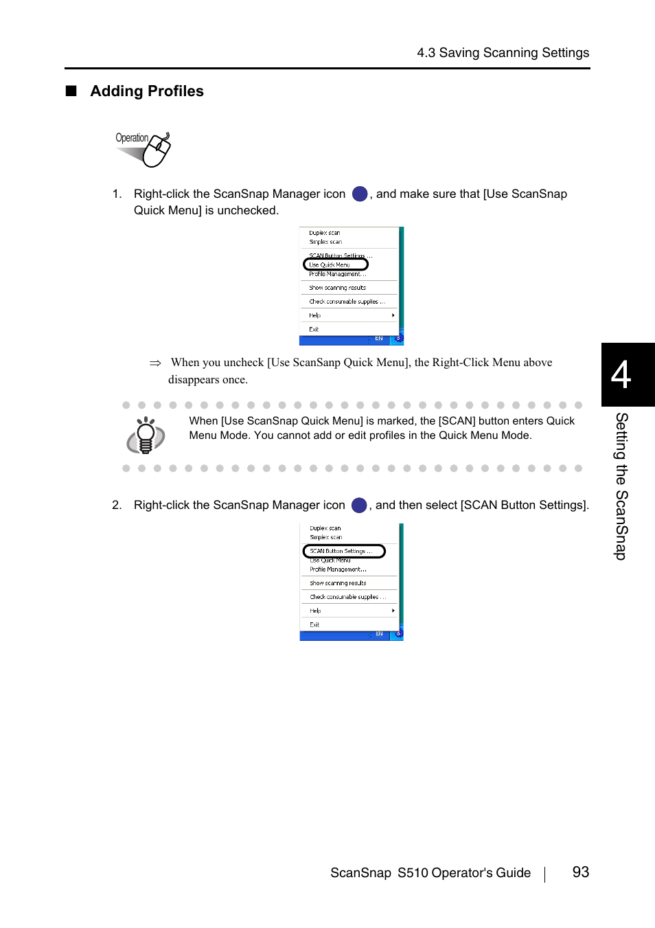 93 setting the scansnap, Adding profiles | FUJITSU ScanSnap S510 User Manual | Page 113 / 287