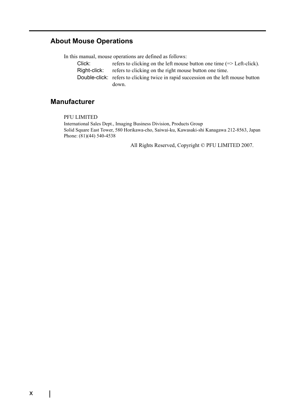 Xabout mouse operations, Manufacturer | FUJITSU ScanSnap S510 User Manual | Page 12 / 287