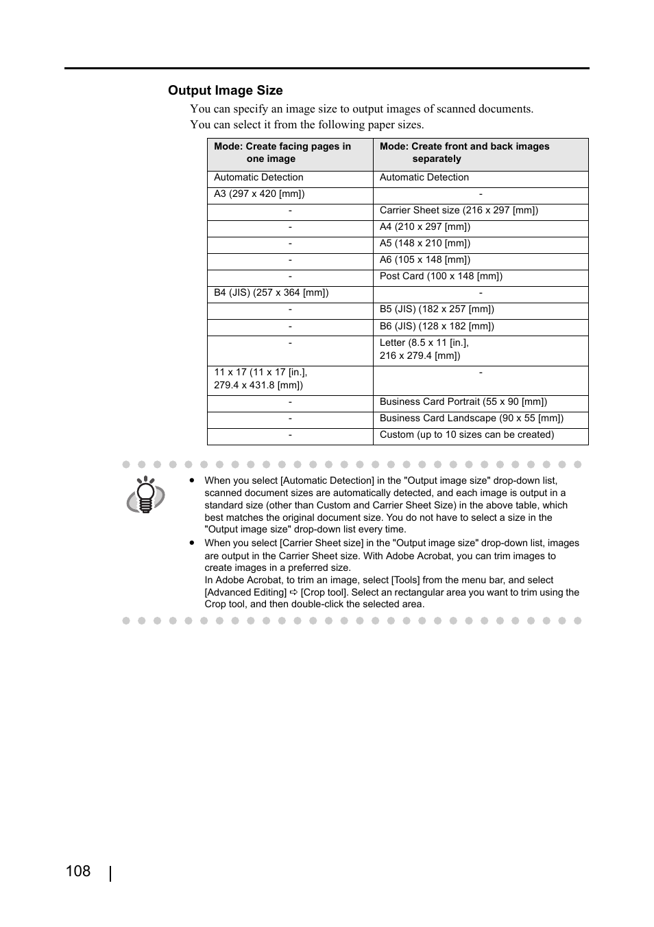 Output image size | FUJITSU ScanSnap S510 User Manual | Page 128 / 287