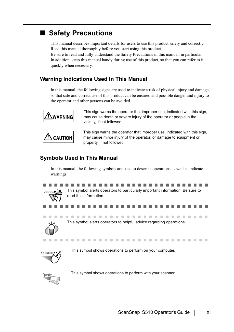 Safety precautions, Warning indications used in this manual, Symbols used in this manual | FUJITSU ScanSnap S510 User Manual | Page 13 / 287