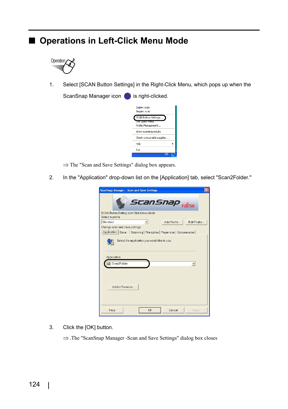 Operations in left-click menu mode | FUJITSU ScanSnap S510 User Manual | Page 144 / 287