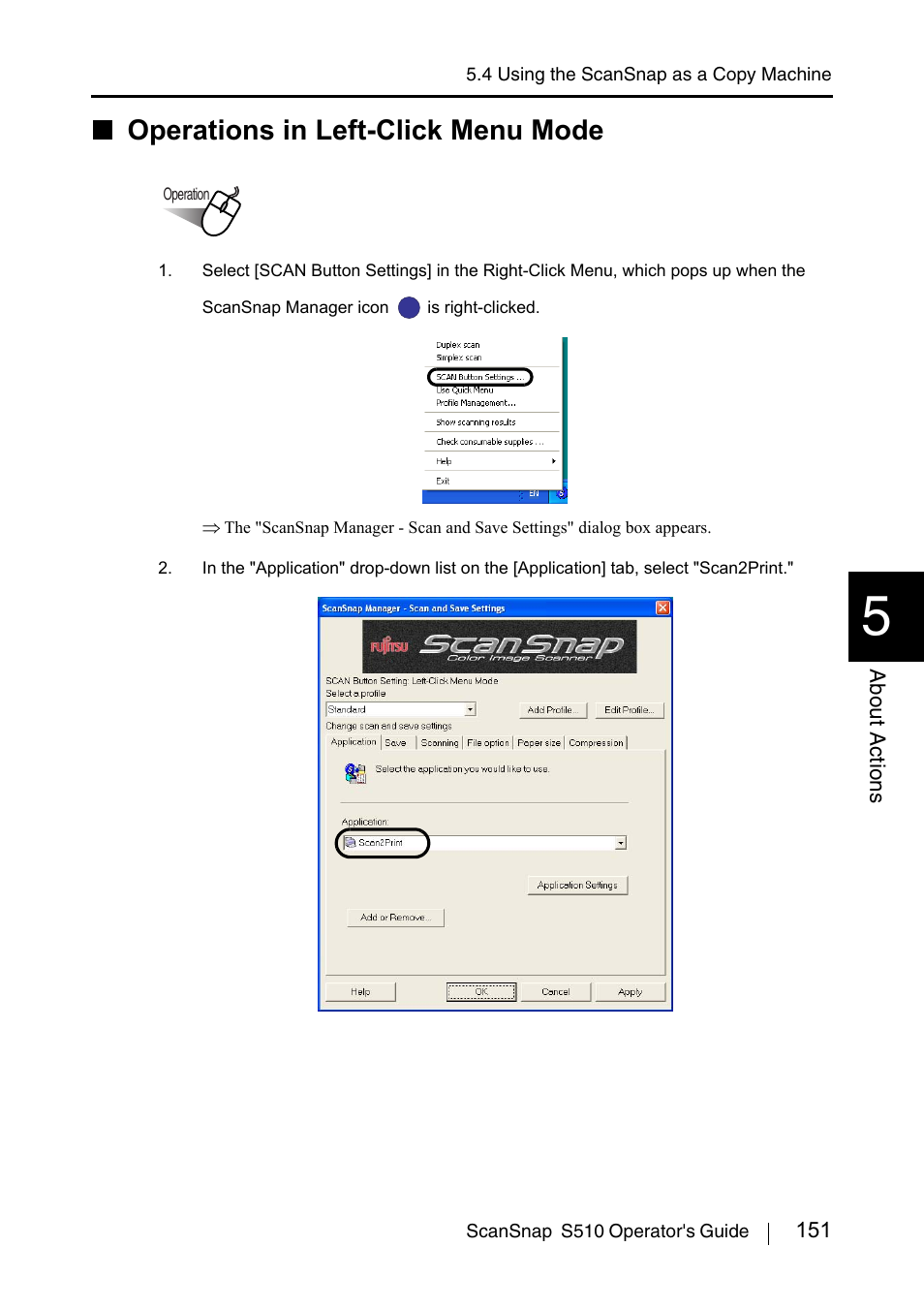 Operations in left-click menu mode | FUJITSU ScanSnap S510 User Manual | Page 171 / 287