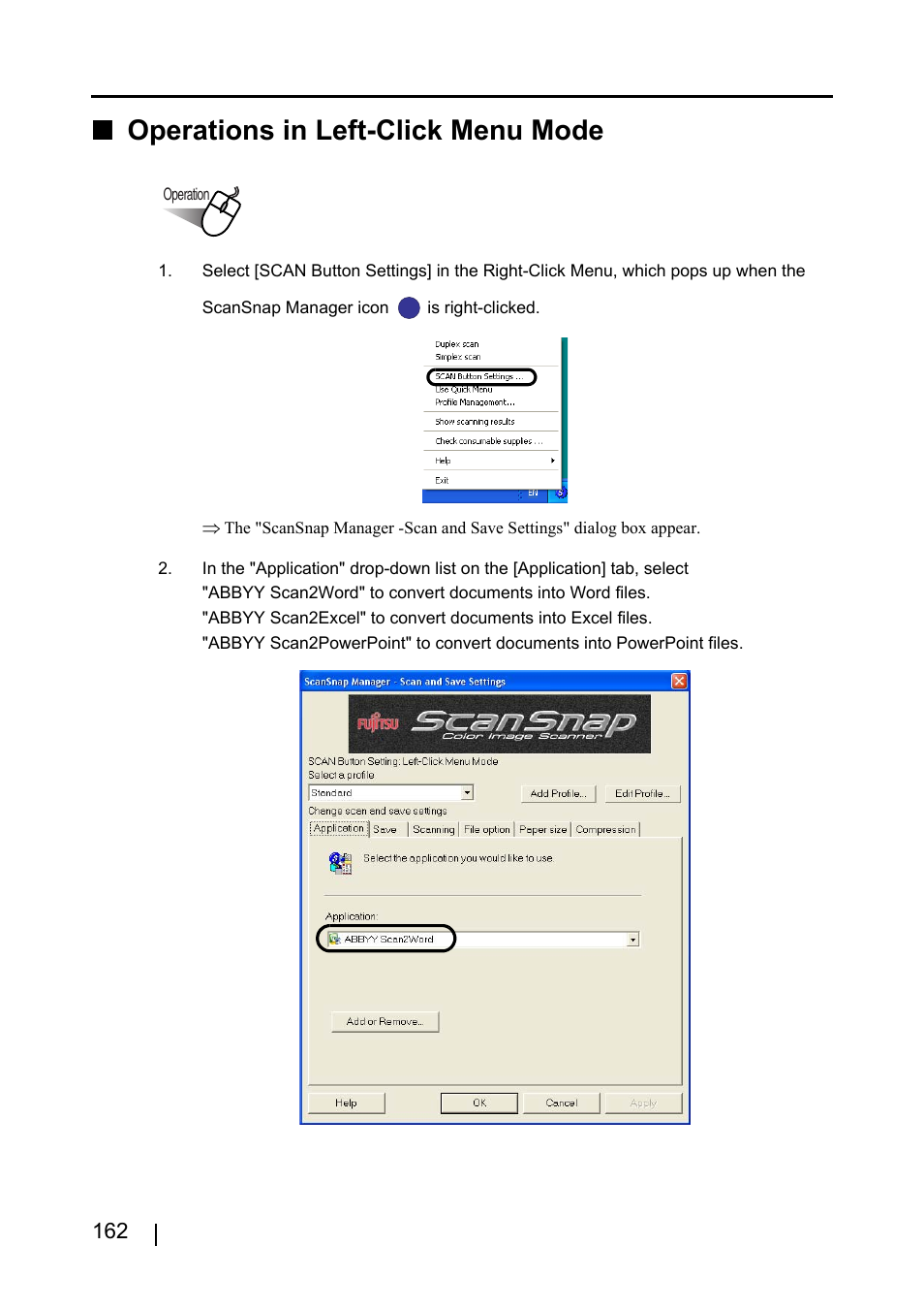 Operations in left-click menu mode | FUJITSU ScanSnap S510 User Manual | Page 182 / 287