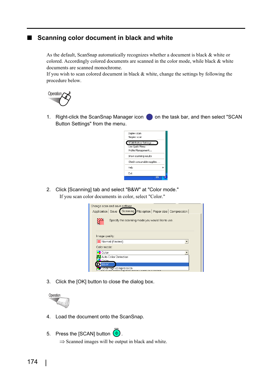 174 ■ scanning color document in black and white | FUJITSU ScanSnap S510 User Manual | Page 194 / 287