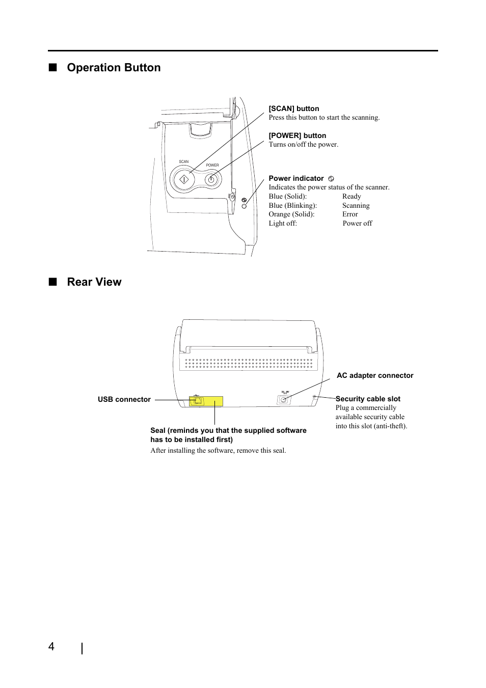 4■ operation button ■ rear view | FUJITSU ScanSnap S510 User Manual | Page 24 / 287