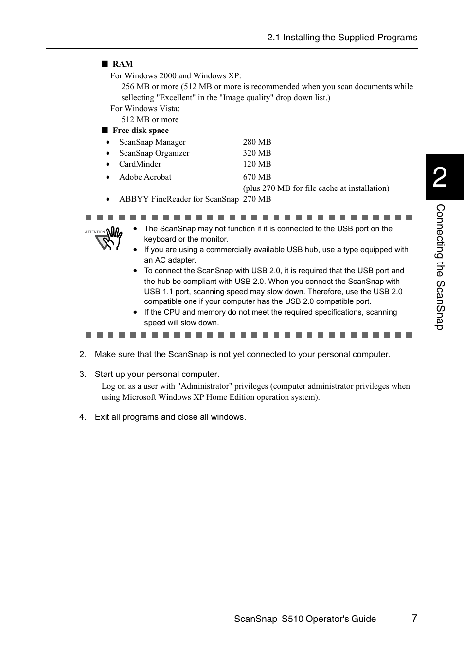 7connecting t he scansnap | FUJITSU ScanSnap S510 User Manual | Page 27 / 287