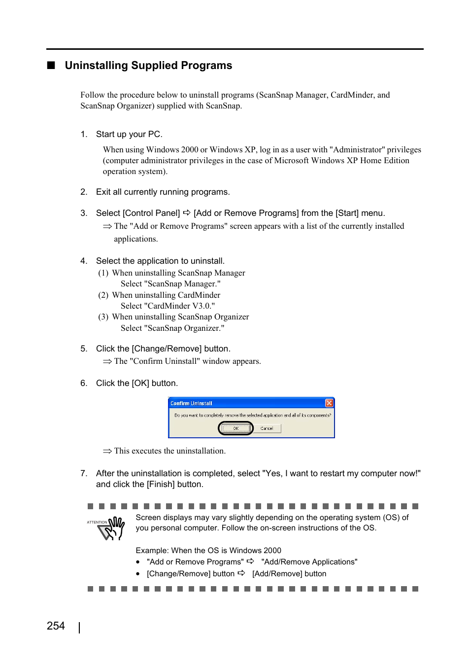 254 ■ uninstalling supplied programs | FUJITSU ScanSnap S510 User Manual | Page 274 / 287