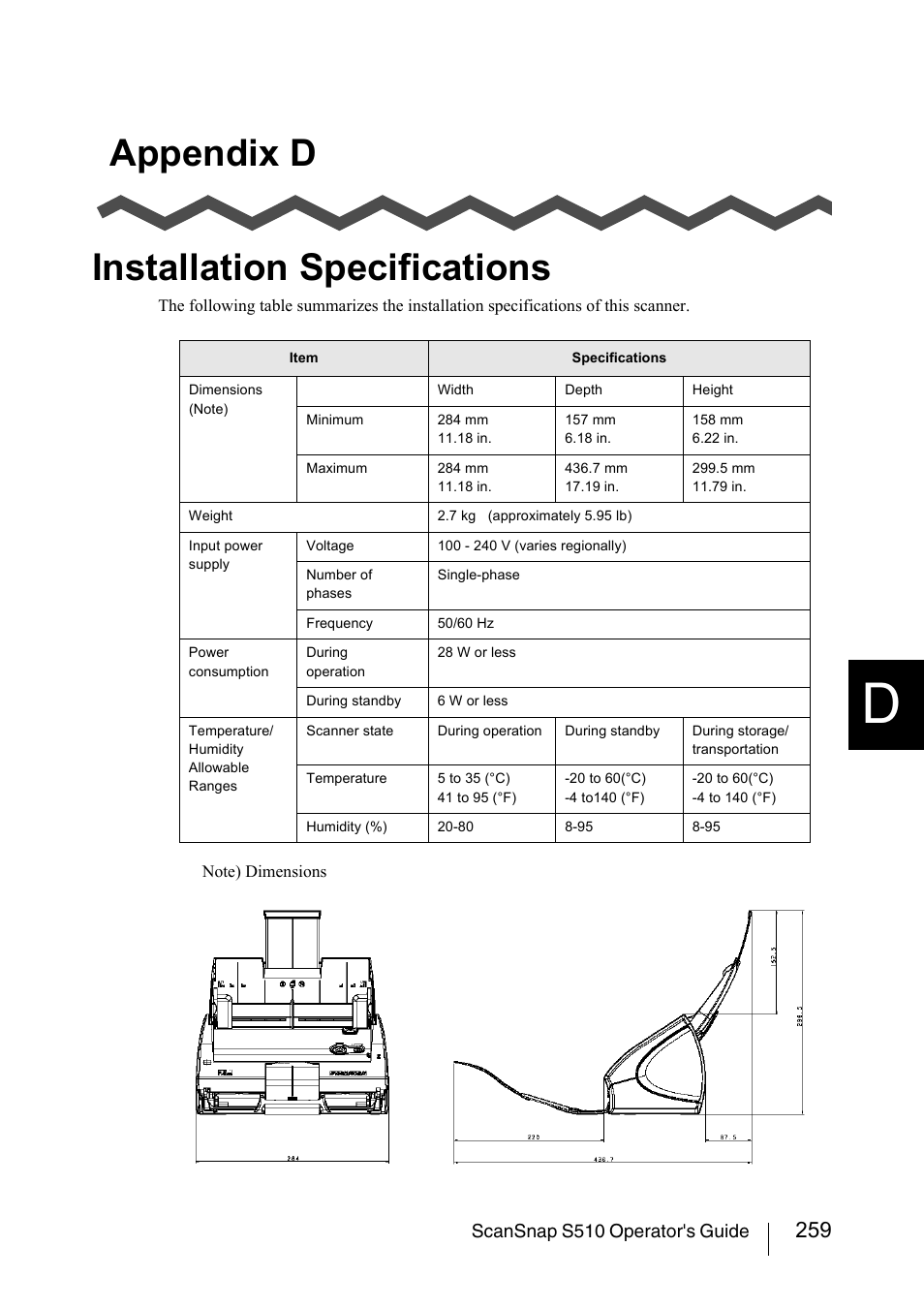 Appendix d installation specifications | FUJITSU ScanSnap S510 User Manual | Page 279 / 287
